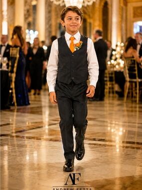 Andrew Fezza Black Vest & Pants with Orange Tie and White Shirt for boy